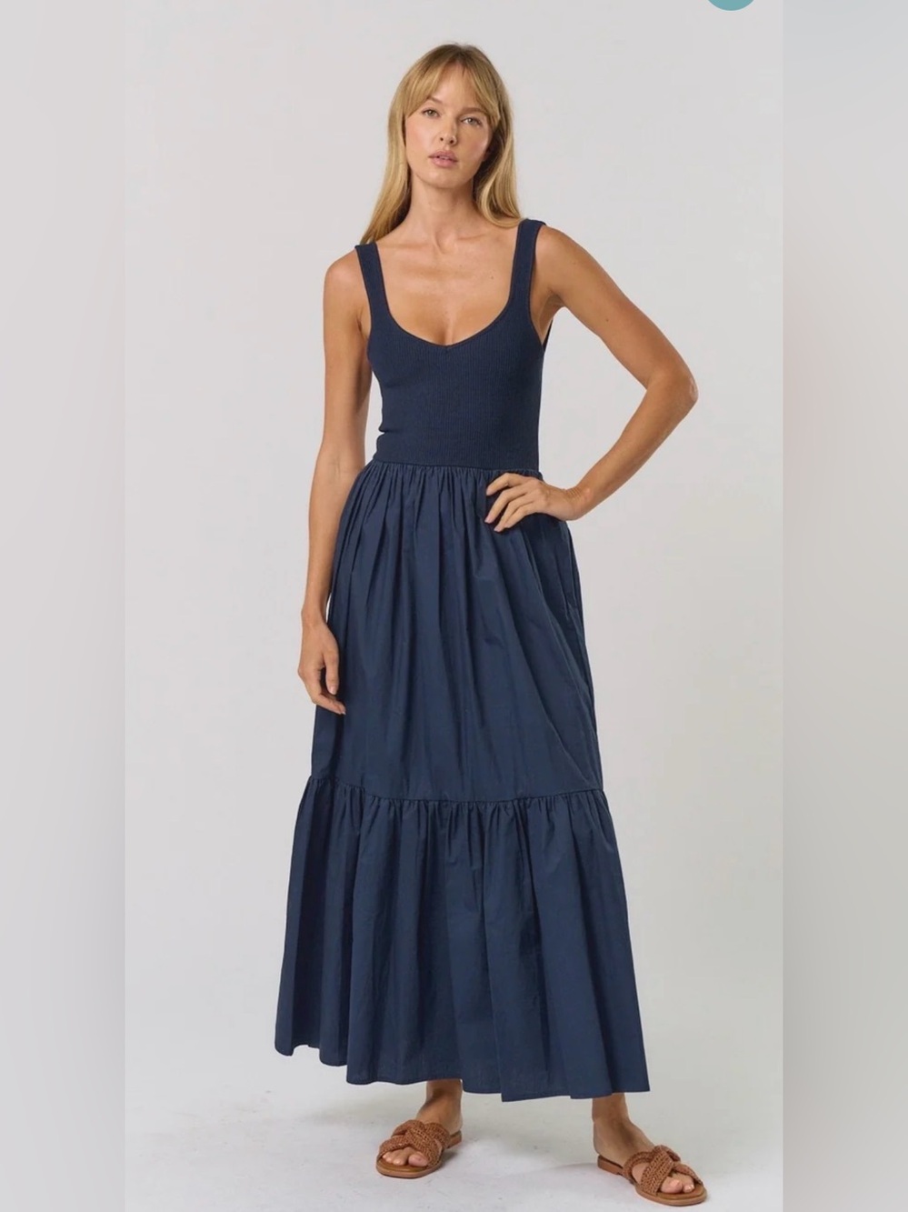 NWOT Women's Navy Scoop-Neck Mixed Media Tiered Maxi Dress